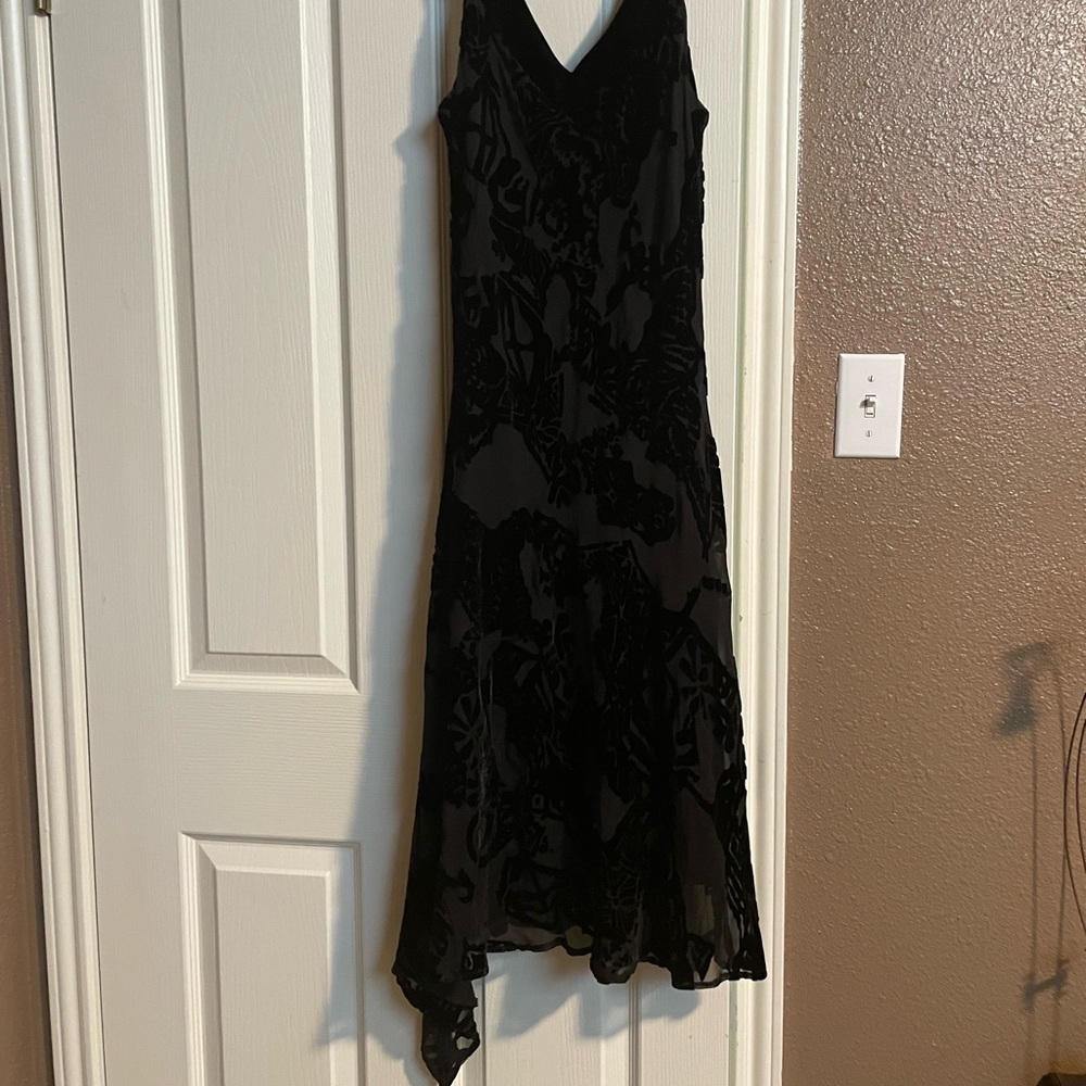 “Laundry” by Shelli Segal velvet cut-out party dress with asymmetrical hem.